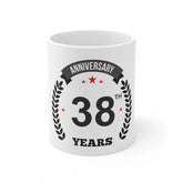White ceramic 38th anniversary printed coffee mug with 330ml capacity, ideal for anniversary gifts